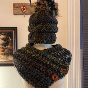 Handmade Knit Hat + Buttoned Cowl Set | Cozy Winter Accessories